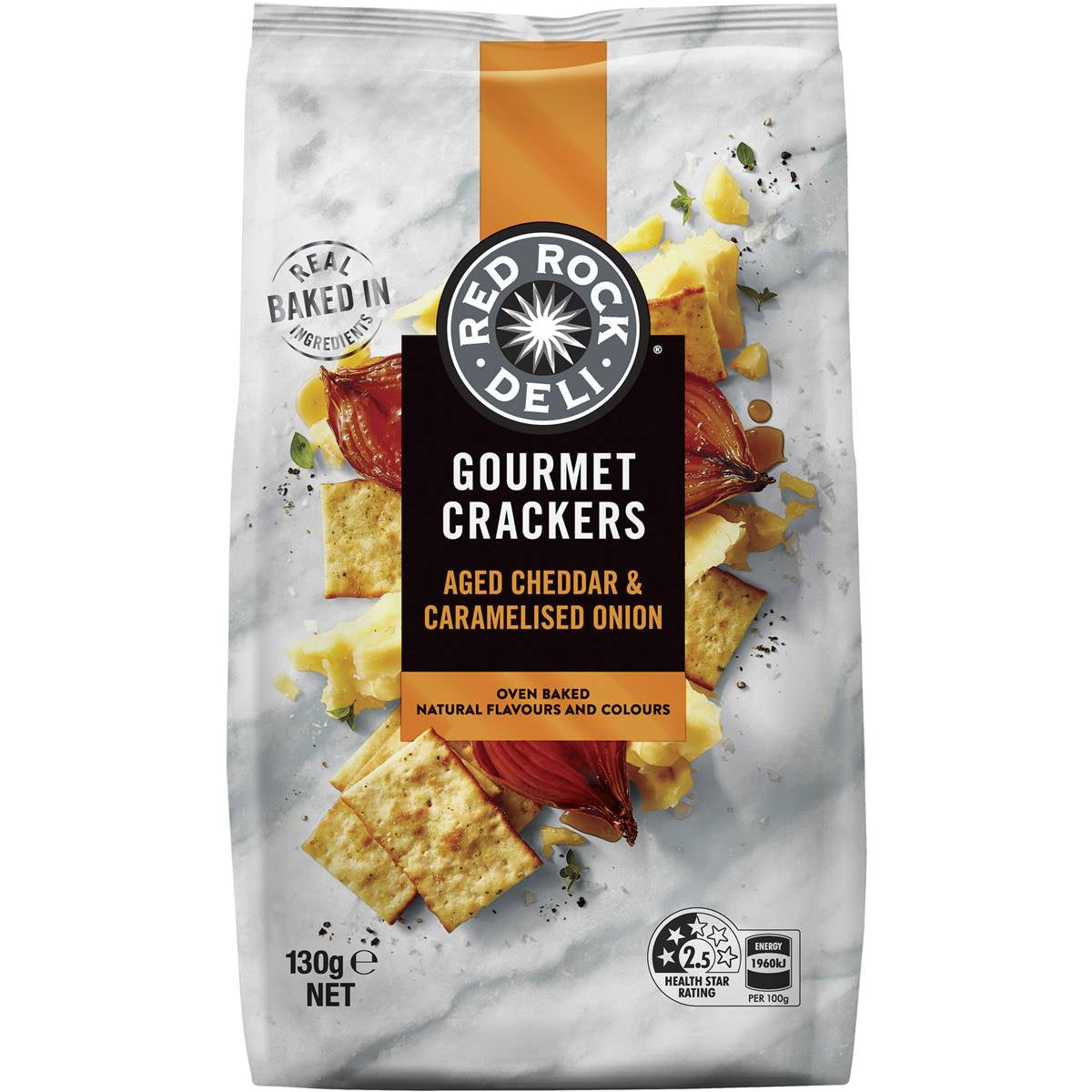 Red Rock Deli Gourmet Crackers Aged Cheddar and Caramelised Onion 130g