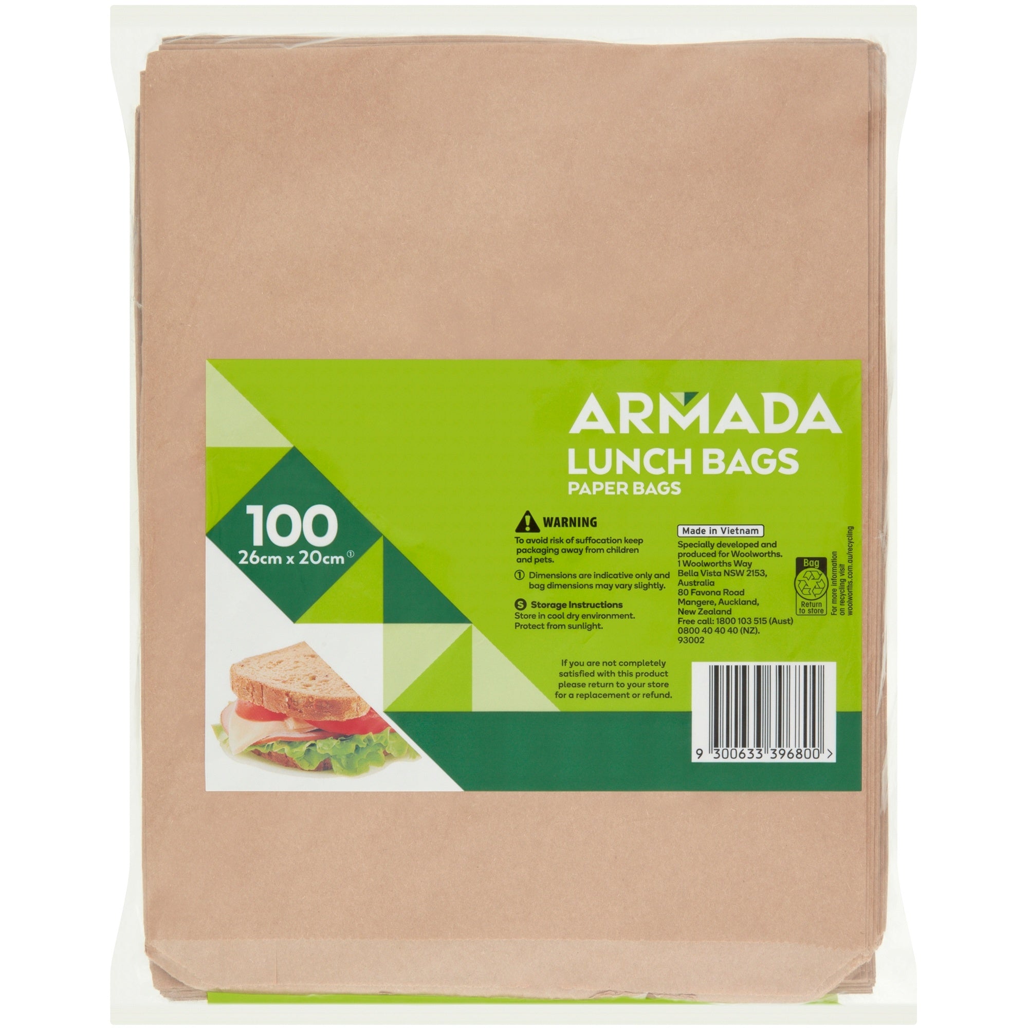 Armada Brown Paper Lunch Bags 100 Pack