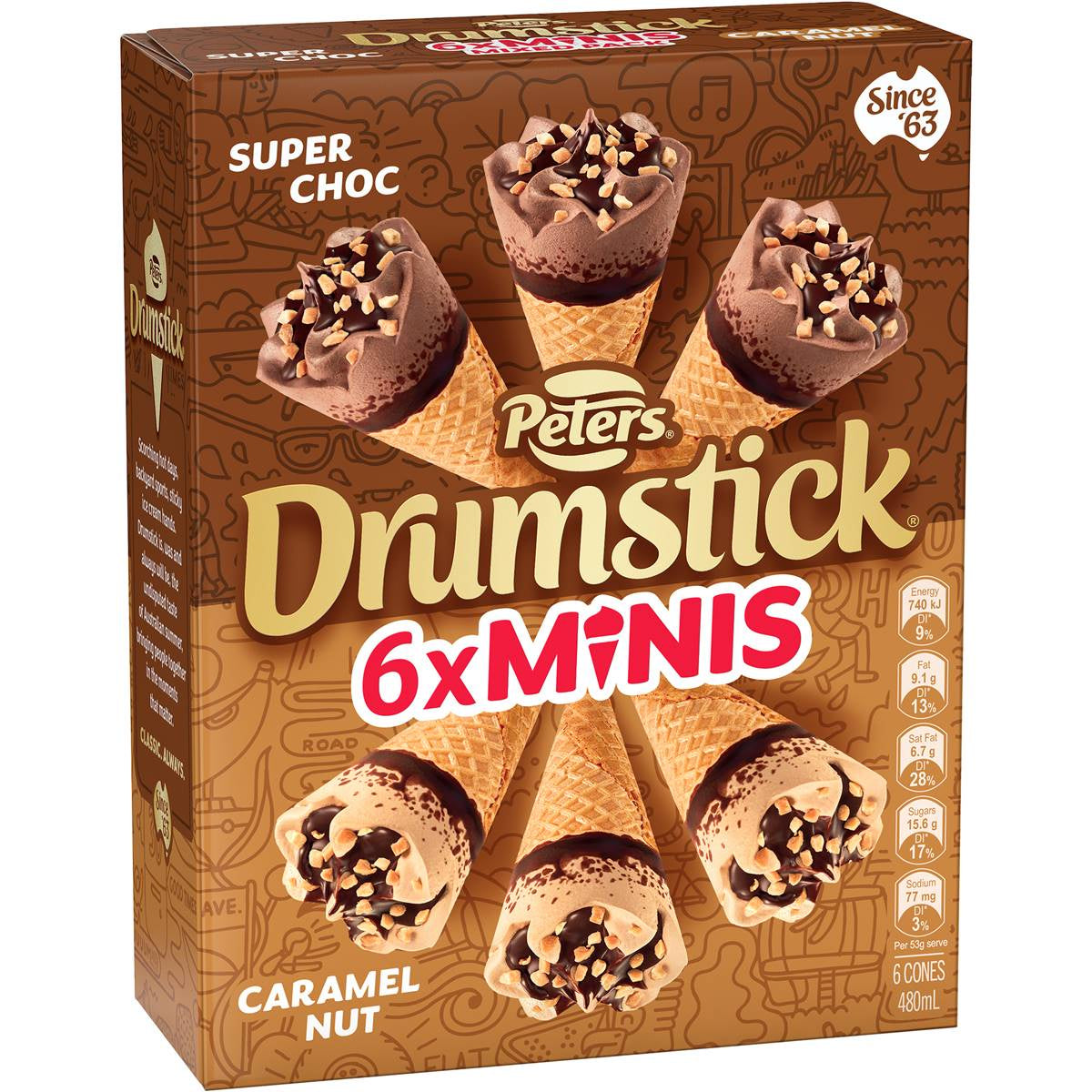 Peters Drumstick Minis Caramel Nut Super Choc 6pk 480ml