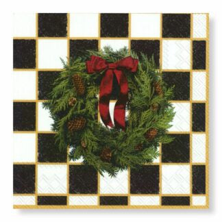 Manor Road Checkered Wreath Cocktail Napkin 20 pack