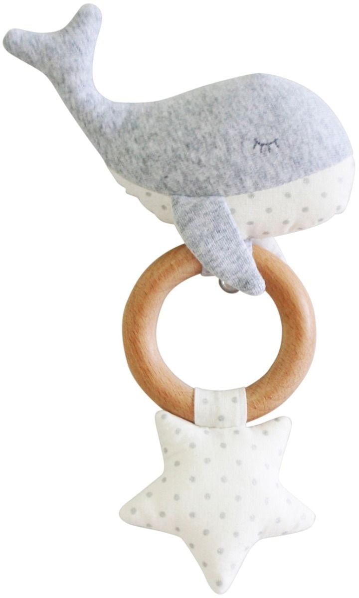 Alimrose Whimsy Whale Squeaker Rattle Teether Grey